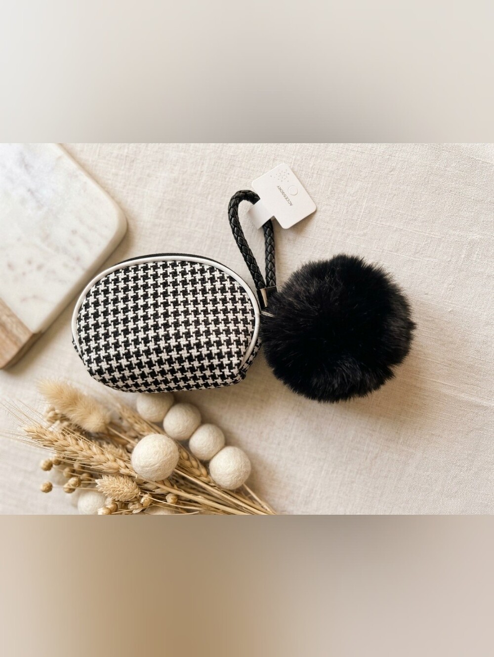 Black & White Houndstooth Coin Purse with Black Pom Keychain